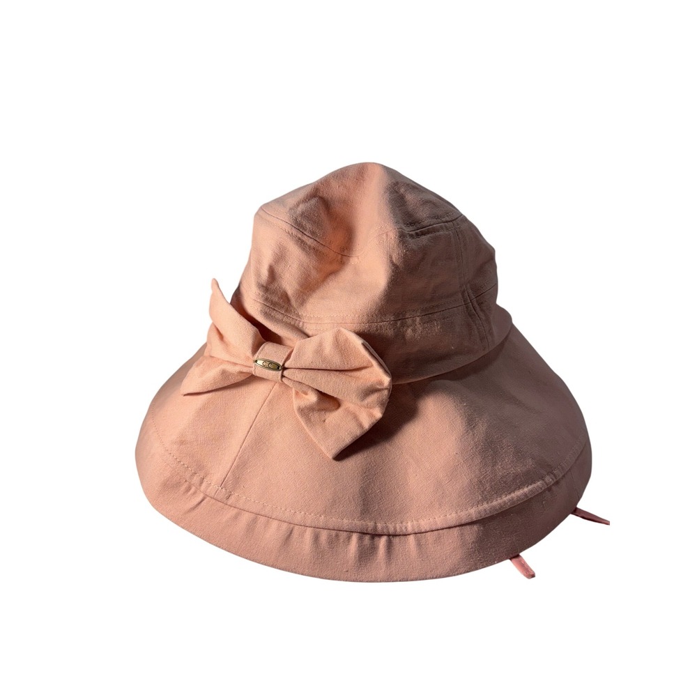 C.C Exclusives pinky Peach Linen Cotton Wide Brim Sun Hat with Bow Detail